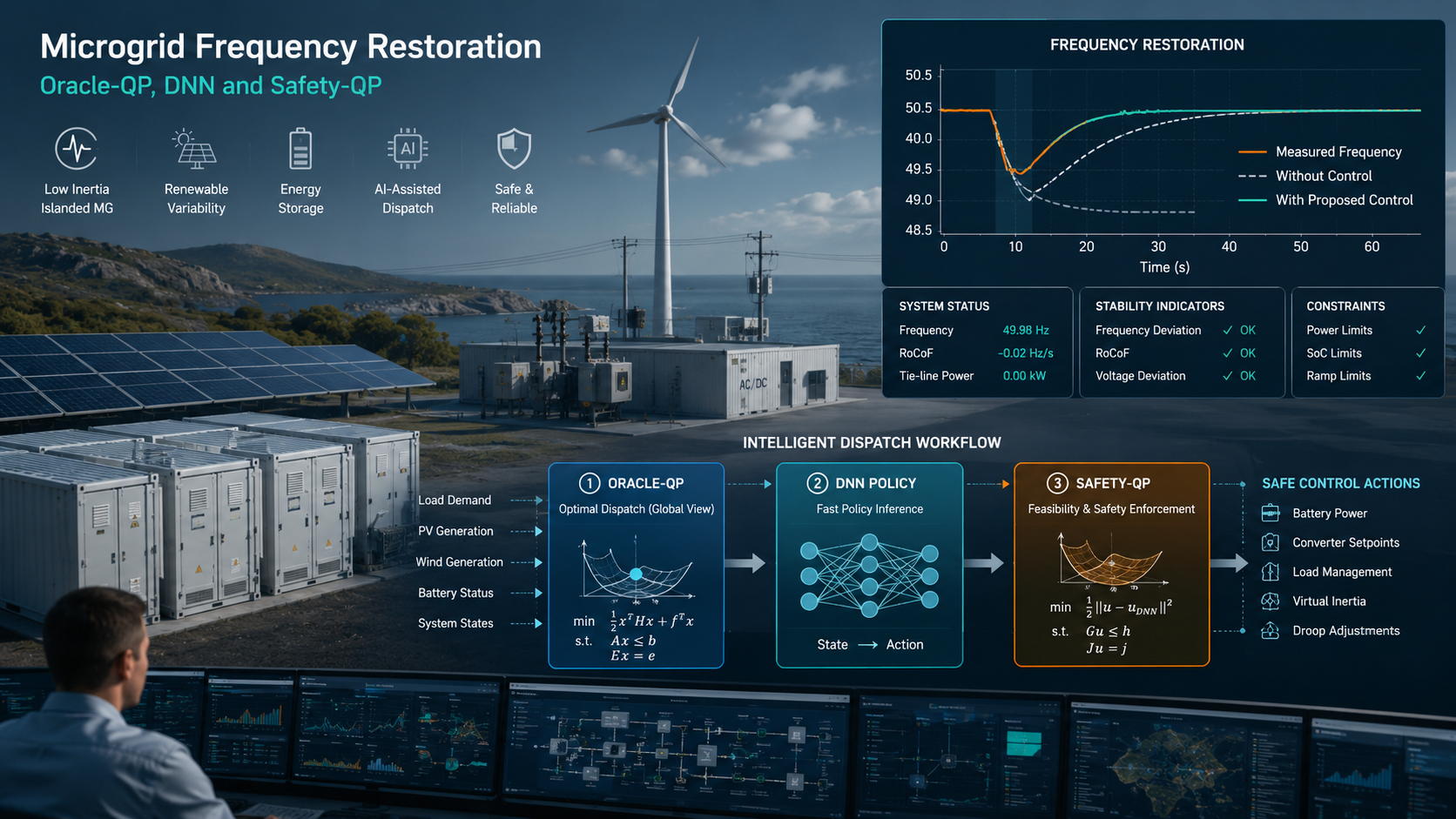 Frequency Restoration in Islanded Microgrids Using Oracle-QP, a DNN, and a Fast Analytical Safety Filter